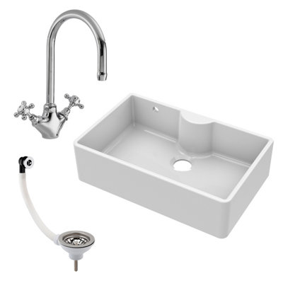 795mm - Single Bowl Fireclay Butler Kitchen Sink -  Tap Ledge, Tap & Waste