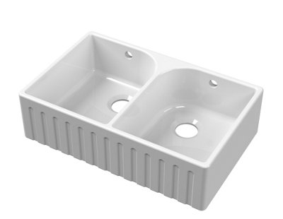 795mm - White Fireclay Kitchen Double Bowl Fluted Front Butler Sink with - Full Weir