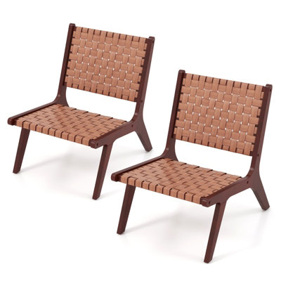 Costway Set Of 2 Modern Woven Leather Accent Chair Living Room Lounge Chair W/ Wood Frame