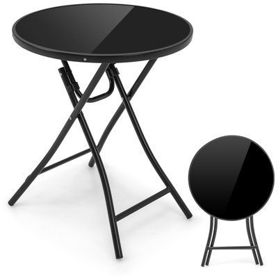 Costway Folding Round Patio Bistro Table Tempered Glass Tabletop Outdoor Cocktail Table