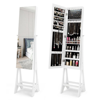 Costway Freestanding Mirror Jewelry Cabinet Organizer W/ Full Length Mirror Built-In Led Lights