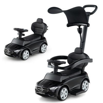 B&Q -  3-In-1 Ride On Push Car W/ Adjustable Canopy & Steering Push Bar Black