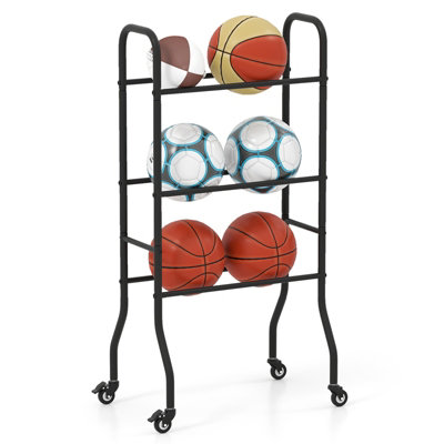 B&Q -  3-Tier Basketball Rack Outdoor  Garage Ball Storage Holder W/ 4 Universal Wheels