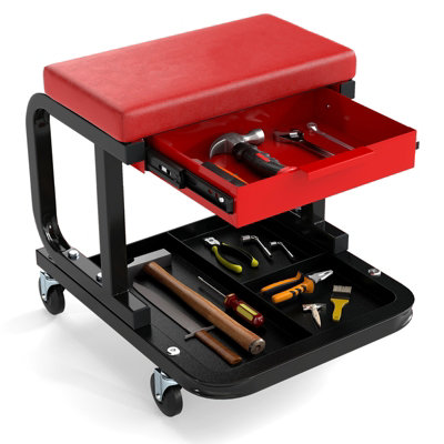 Gainoom Red Rolling Creeper Seat With 185 Kg Capacity Padded Mechanic Stool With Drawer