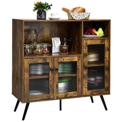 B&Q -  Kitchen Side Cabinet Wooden Buffet Sideboard Cupboard W/ Tempered Glass Doors