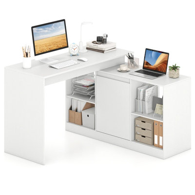 Costway L-Shaped Computer Desk 120 Cm Reversible Corner Writing Desk With Cabinet-White