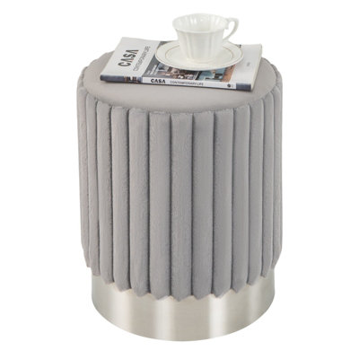 Gainoom Modern Round Grey Velvet Ottoman Upholstered Footrest Stool With Decorative Vertical Tufting from B&Q