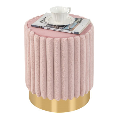 Gainoom Modern Round Pink Velvet Ottoman Upholstered Footrest Stool With Decorative Vertical Tufting from B&Q