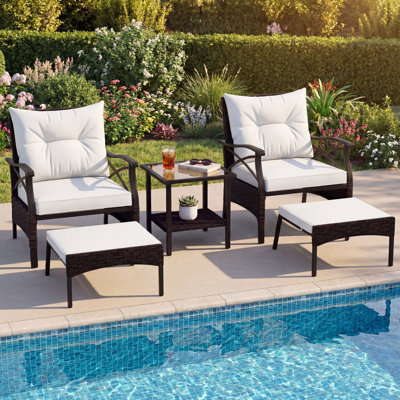 Costway 5 Pcs Patio Furniture Set Outdoor Rattan Chair Set W/ Coffee Table & 2 Ottomans-Beige