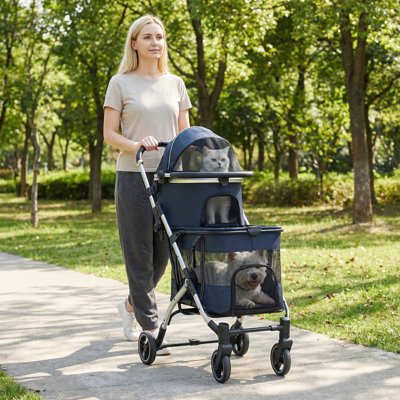 Costway Double Pet Stroller W/ 2 Detachable Carriers Foldable Pet Travel Cart-Navy