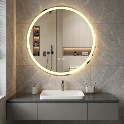 B&Q -  70 Cm Round Led Lighted Mirror Tempered Glass Bathroom Mirror W/ Memory Function