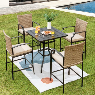 Costway 5 Pieces Garden Bar Table Chairs Set Patio Rattan Bistro Set W/ Soft Cushions