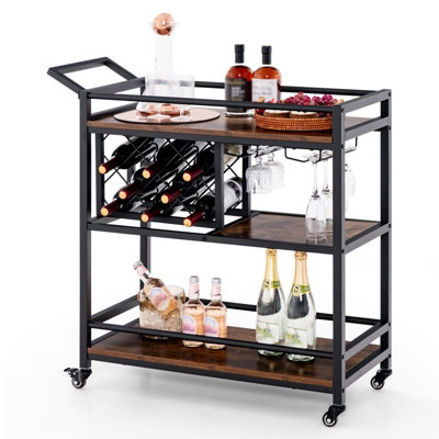 Costway 3-Tier Bar Cart Industrial Serving Cart Kitchen Rolling Cart W/wine Racks