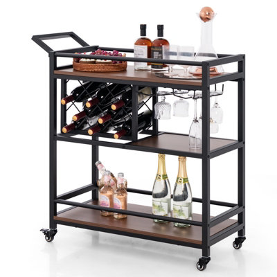 Costway 3-Tier Bar Cart Industrial Serving Cart Kitchen Rolling Cart W/wine Racks