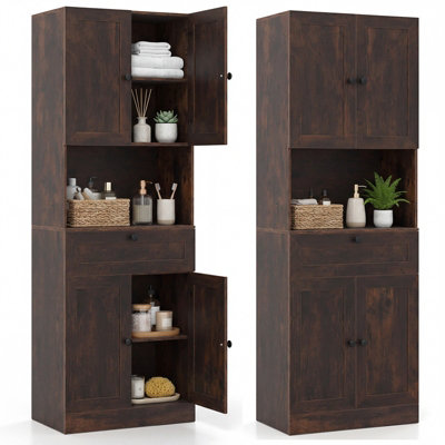 B&Q -  Tall Brown Bathroom Cabinet Freestanding Storage Cabinet Modern Wooden Storage Organizer