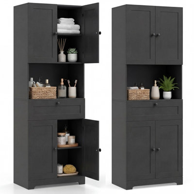 B&Q -  Tall Black Bathroom Cabinet Freestanding Storage Cabinet Modern Wooden Storage Organizer