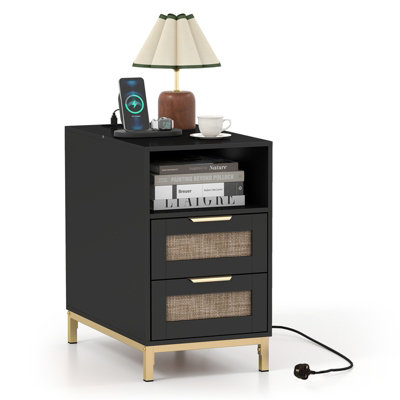B&Q -  Black Bedside Table Narrow End Table With Charging Station Rattan Nightstand With Open Cubby & Back Storage