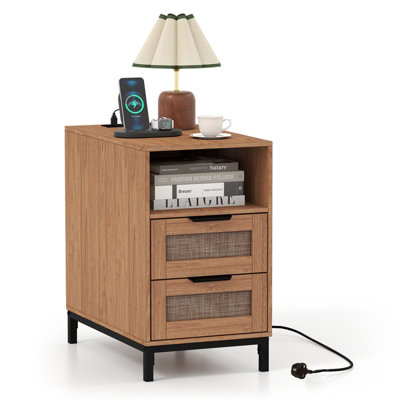 B&Q -  Brown Bedside Table Narrow End Table With Charging Station Rattan Nightstand With Open Cubby & Back Storage