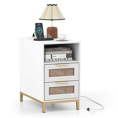 B&Q -  White Bedside Table Narrow End Table With Charging Station Rattan Nightstand With Open Cubby & Back Storage
