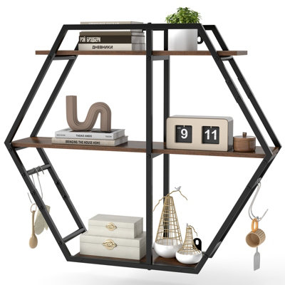 Gainoom Industrial Hexagon Shelves For Wall 3-Tier Decorative Floating Wall Shelves With Hooks And Solid Metal Frame from B&Q