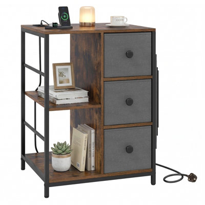 B&Q -  Bedside Table Storage Cabinet With Charging Hub Industrial Organizer With Storage Shelf