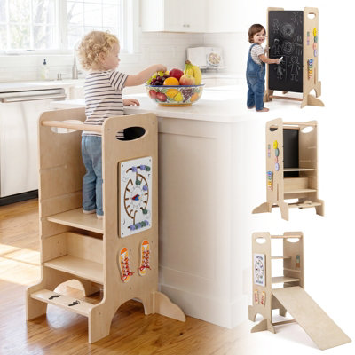 B&Q -  Toddler Step Stool Wooden Kids Standing Tower W/ 3-Level Adjustable Height