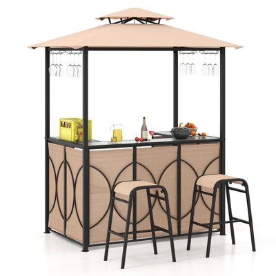 Costway Double-Tier Canopy Bbq Gazebo Shelter Patio Grill Gazebo & 2 Bar Stools