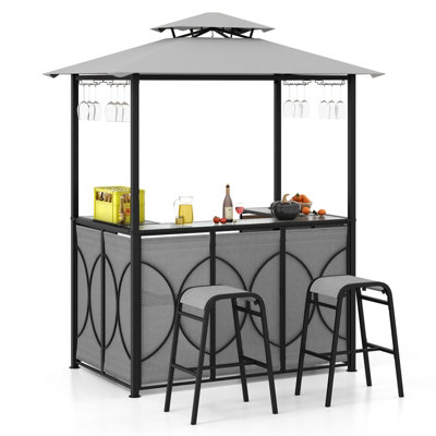 Costway Double-Tier Canopy Bbq Gazebo Shelter Patio Grill Gazebo & 2 Bar Stools