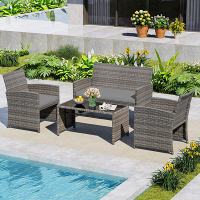 Costway 4 Piece Patio Conversation Set Rattan Chair Loveseat & Table Set With Seat Cushions-Grey
