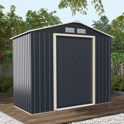 Costway 7 X 4Ft Metal Garden Storage Shed Outdoor Galvanized Bike Shed Tool Storage House W/ Sliding Door