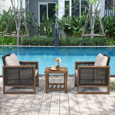 Costway 3Pcs Patio Furniture Set Outdoor Garden Wood Coffee Table & 2 Pe Rattan Chairs
