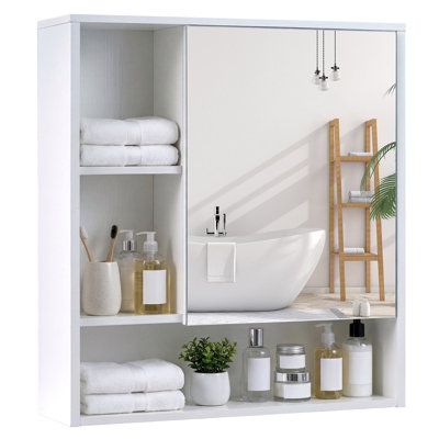 B&Q -  Bathroom White Wall Mirror Cabinet Recessed Or Surface Mount Medicine Cabinet W/single Door & 3 Open Shelves