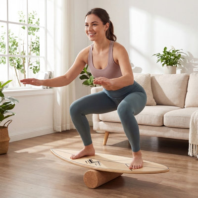 B&Q -  77 Cm Wooden Balance Board Trainer Advanced Wobble Board Skateboarding Snowboard Ice Hockey Training