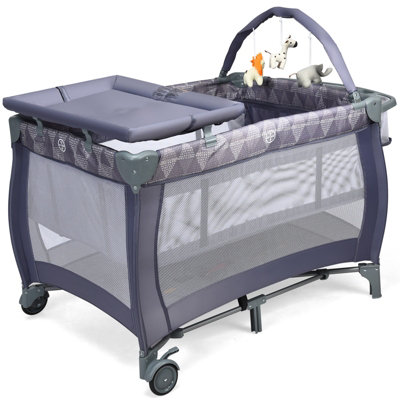 B&Q -  Portable Grey Baby Playards 3 In 1 Convertible Playpen With Changing Table & Activity Center