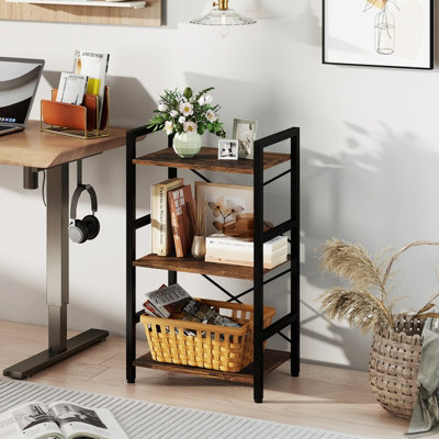B&Q -  3-Tier Industrial Brown Bookshelf 42 Cm Width Wooden Open Bookcase With Metal Frame