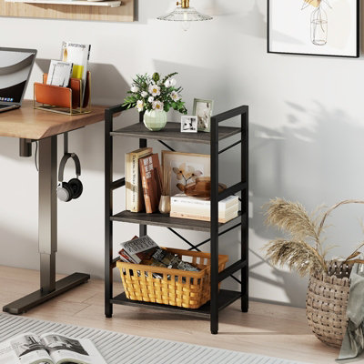 B&Q -  3-Tier Industrial Grey Bookshelf 42 Cm Width Wooden Open Bookcase With Metal Frame