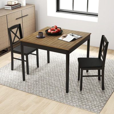 B&Q -  3 Pcs Dining Table And Chairs Set Wood Kitchen Table With 2 Upholstered Chairs-Brown