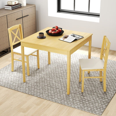 B&Q -  3 Pcs Dining Table And Chairs Set Wood Kitchen Table With 2 Upholstered Chairs-Natural