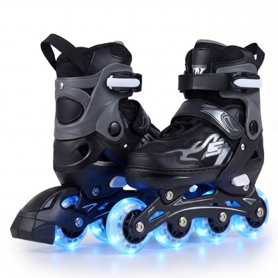 B&Q -  S Size Kid Inline Skates For Ages 5-7 4 Sizes Adjustable Light-Up Roller Skates W/ 4 Wheels-Grey