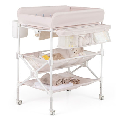 Costway Baby Changing Table Folding Diaper Changing Station With Wheels For Newborn And Infant-Pink