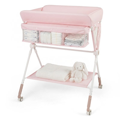 Costway Portable Baby Changing Table Foldable Infant Nursery Station With Wheels-Pink
