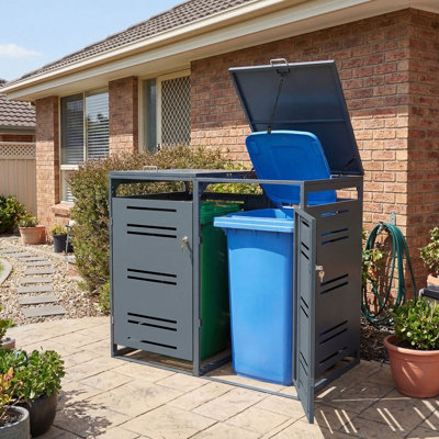 Costway Outdoor Metal Garbage Bin Storage Shed For 2 Trash Cans Hide Utility Cabinet Bin Shelter W/ Lockable Doors from B&Q