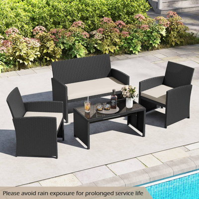 B&Q -  4 Piece Patio Rattan Conversation Set Outdoor Wicker Loveseat Armchairs W/ Coffee Table