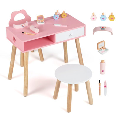 Costway Kids Pretend Nail Salon Playset With Chair & Stool Wooden Toddlers Makeup & Manicure Kit from B&Q