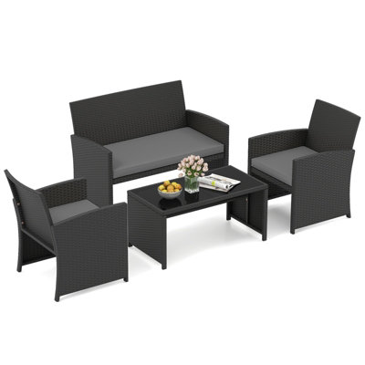B&Q -  4 Piece Patio Rattan Conversation Set Wicker Loveseat Armchairs W/ Coffee Table