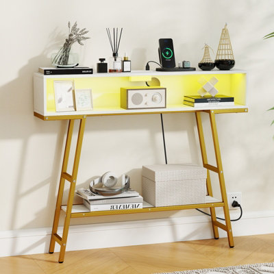 Gainoom Console Table 3-Tier Entryway Table With Led Light & Charging Station