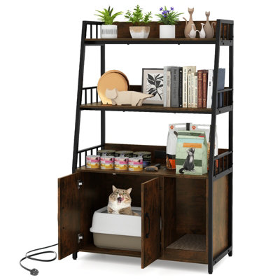 Costway Cat Litter Box Enclosure With Storage Shelves Indoor Pet Cabinet With Scratching Pad-Rustic Brown from B&Q