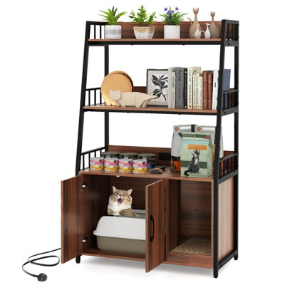 Costway Cat Litter Box Enclosure With Storage Shelves Indoor Pet Cabinet With Scratching Pad-Walnut from B&Q