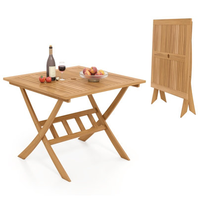 B&Q -  Acacia Wood Folding Table 90Cm Patio Dining Table With Slatted Tabletop& Umbrella Hole
