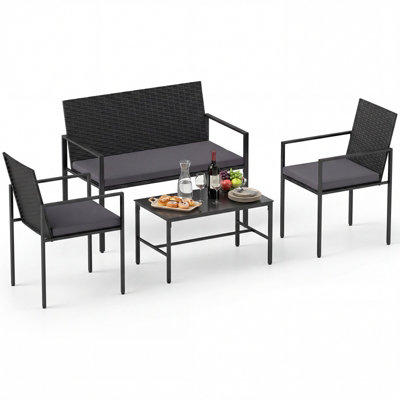 Costway 4-Piece Patio Furniture Set Outdoor Rattan Chairs & Loveseat With Tempered Glass Coffee Table